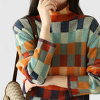 Women's Checked Colour Block Knit Jumper with Mock Neck