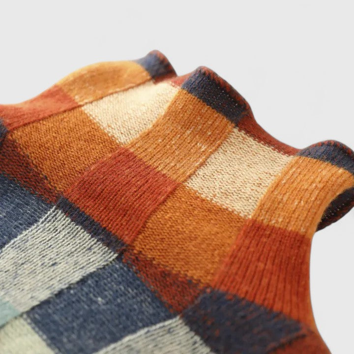Women's Checked Colour Block Knit Jumper with Mock Neck