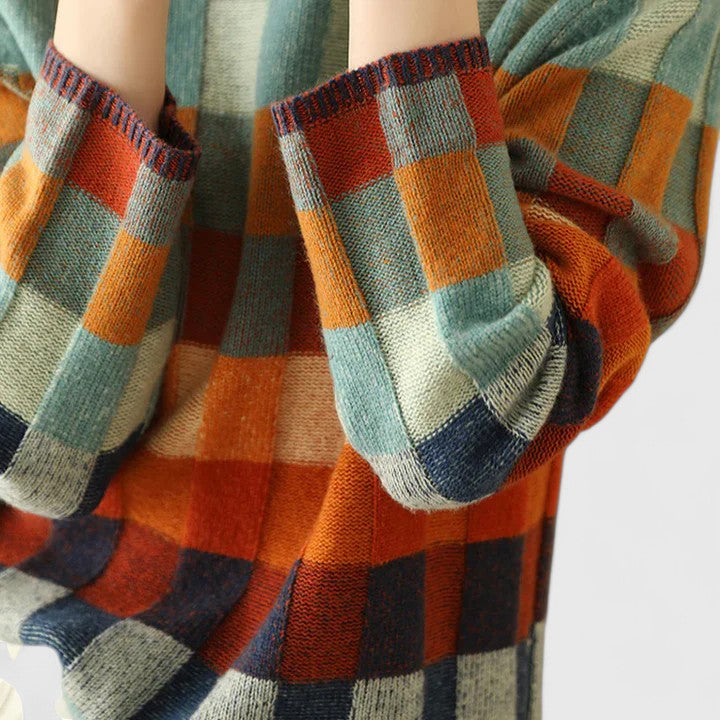 Women's Checked Colour Block Knit Jumper with Mock Neck