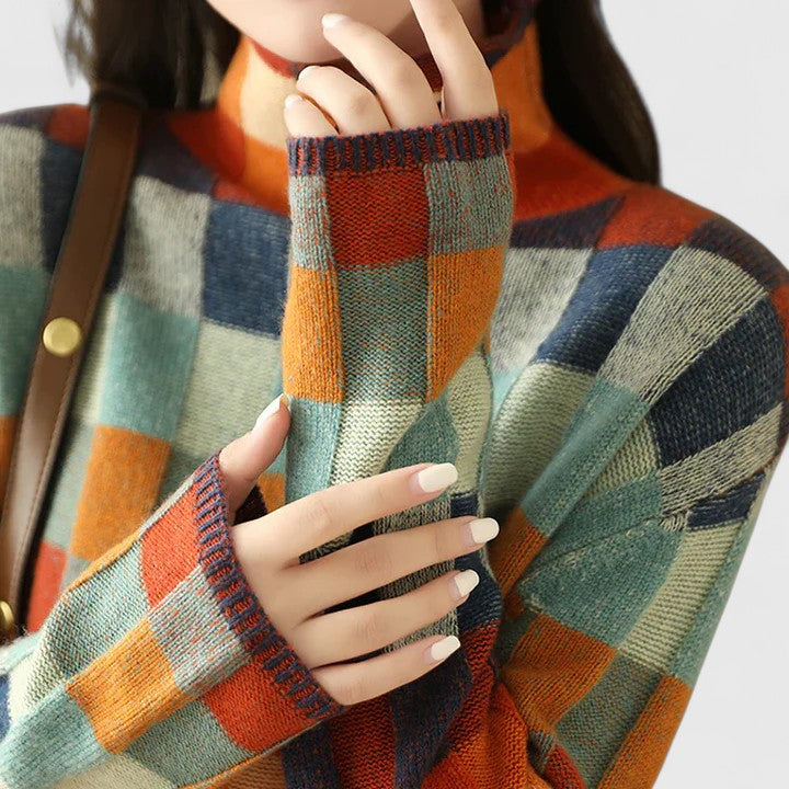 Women's Checked Colour Block Knit Jumper with Mock Neck