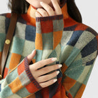 Women's Checked Colour Block Knit Jumper with Mock Neck