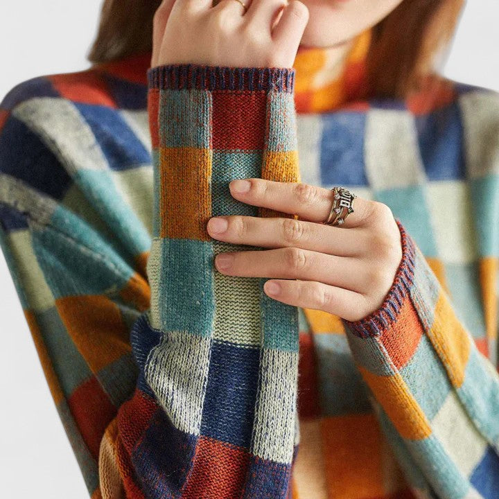 Women's Checked Colour Block Knit Jumper with Mock Neck