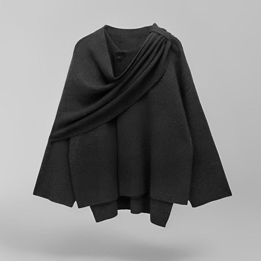 Dark grey asymmetric wool blend poncho with a slip-on silhouette for autumn layering