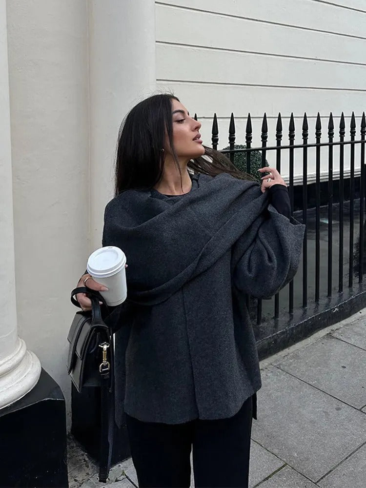 Dark grey asymmetric wool blend poncho with a slip-on silhouette for autumn layering