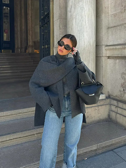 Dark grey asymmetric wool blend poncho with a slip-on silhouette for autumn layering
