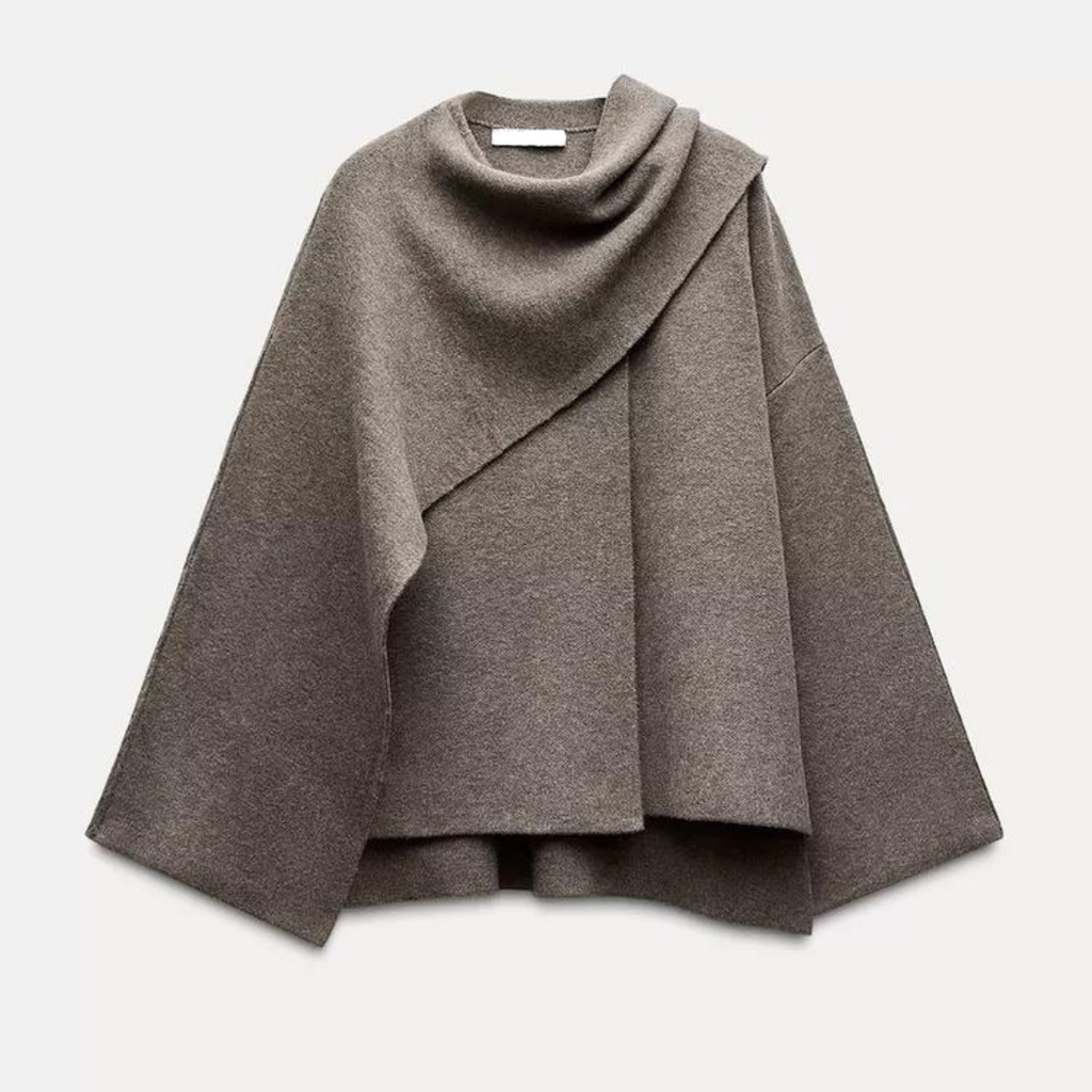 Brown asymmetric wool blend poncho with a slip-on silhouette for autumn layering