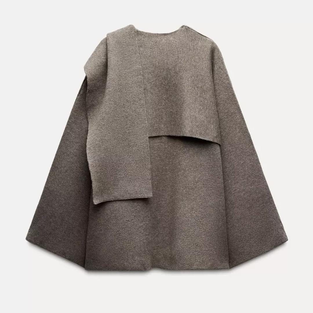 Brown asymmetric wool blend poncho with a slip-on silhouette for autumn layering