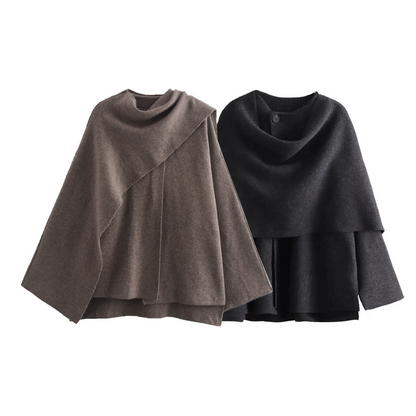Brown asymmetric wool blend poncho with a slip-on silhouette for autumn layering
