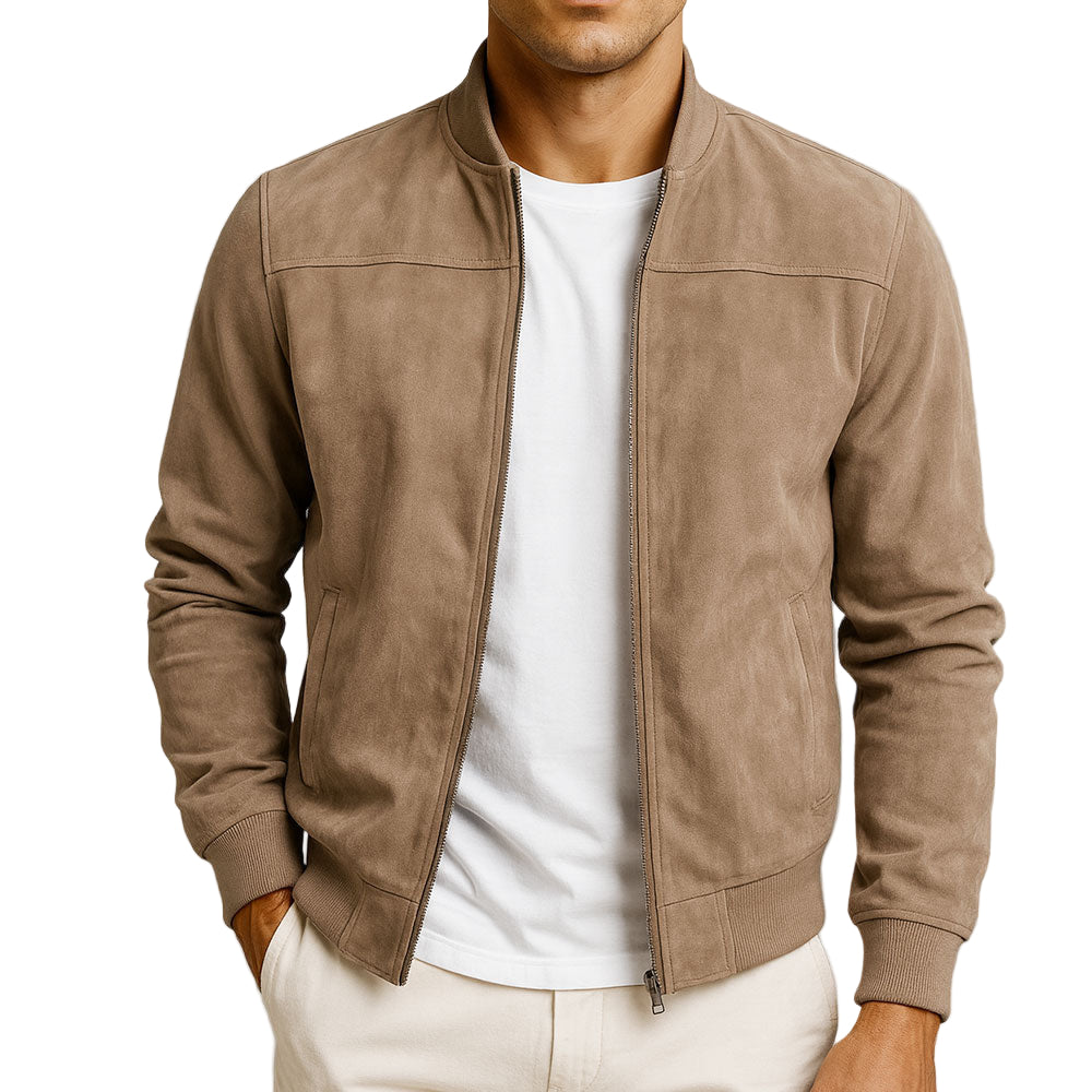 Men's brown funnel neck zip-through jacket for transitional layering