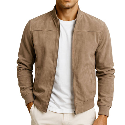 Men's brown funnel neck zip-through jacket for transitional layering