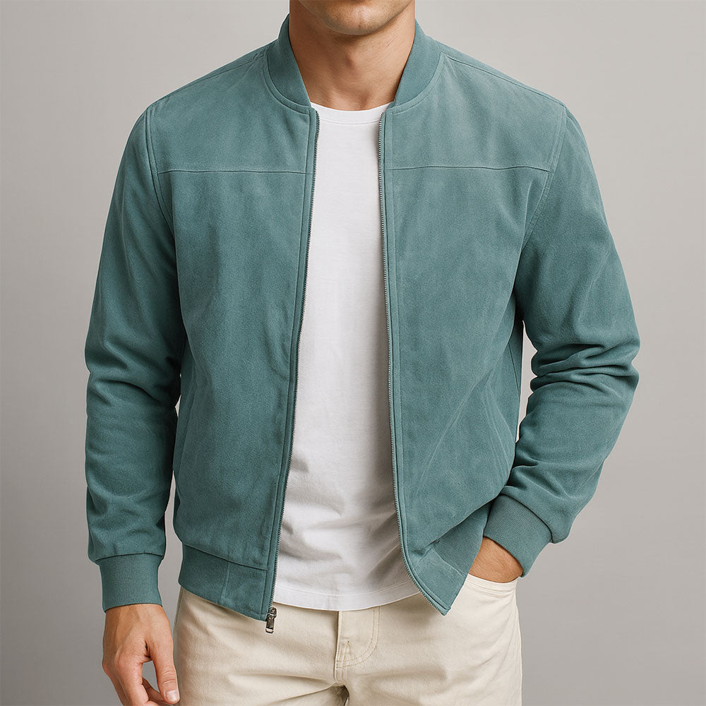 Men's brown funnel neck zip-through jacket for transitional layering