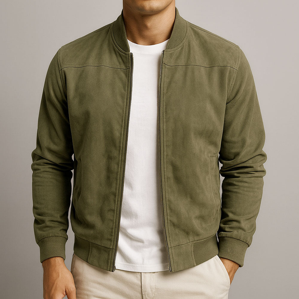 Men's brown funnel neck zip-through jacket for transitional layering