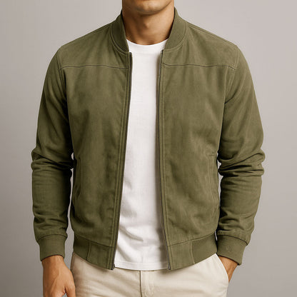 Men's brown funnel neck zip-through jacket for transitional layering