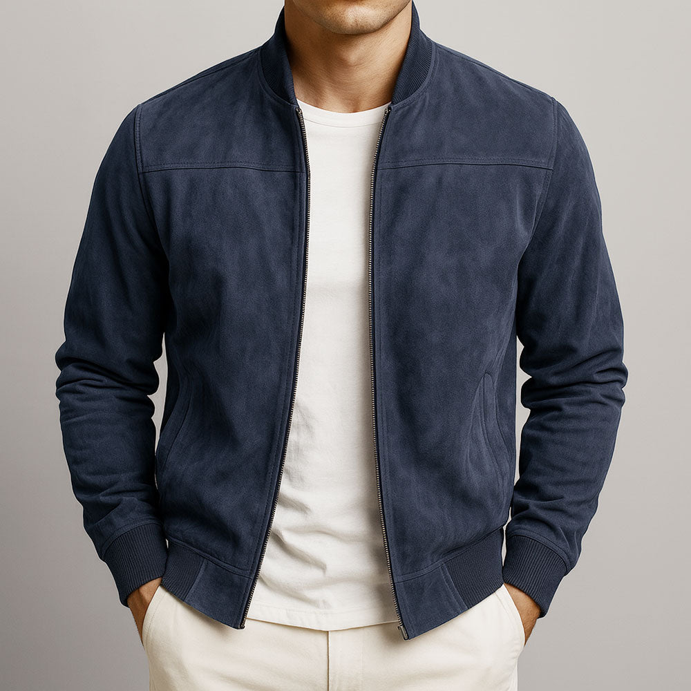 Men's blue funnel neck zip-through jacket for transitional layering