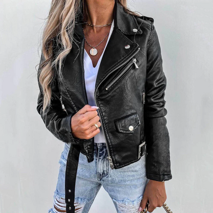 Red belted leather jacket for women with a structured high collar