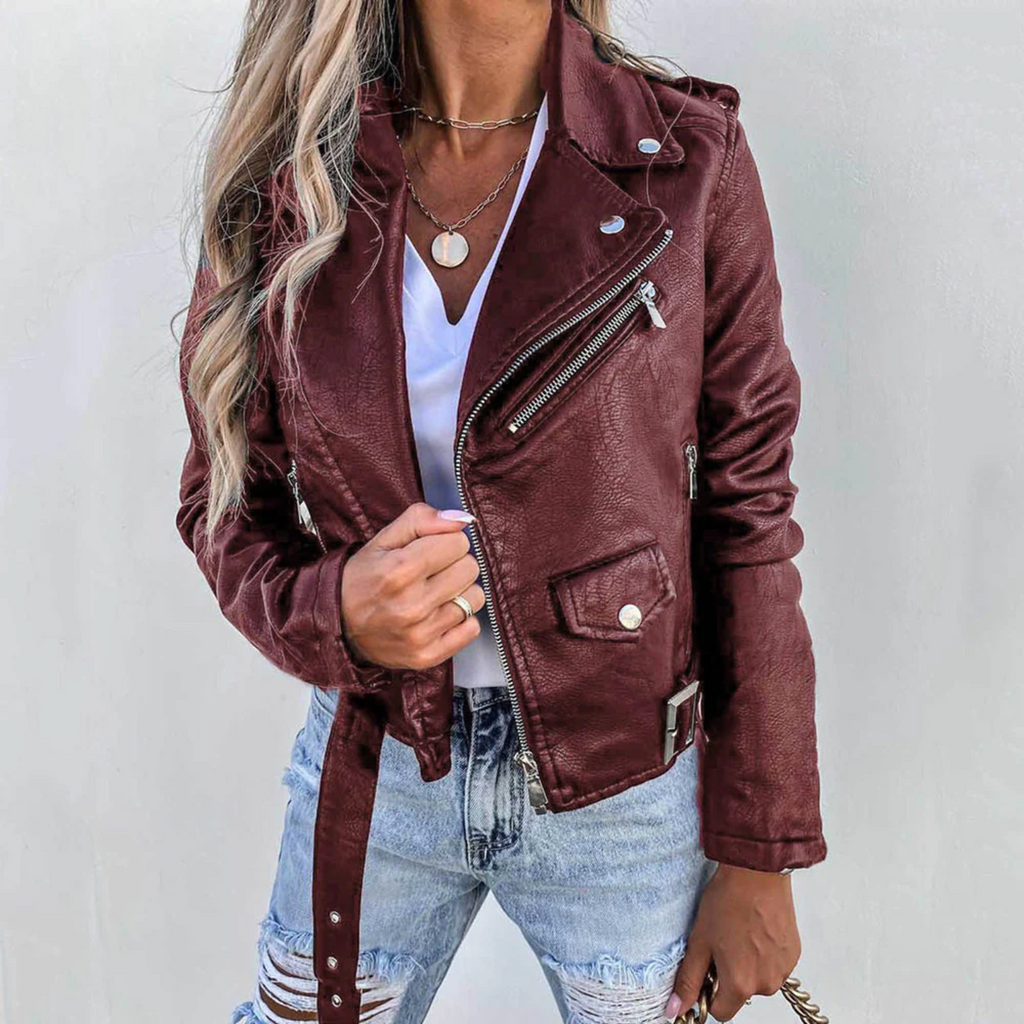 Red belted faux leather jacket for women with a stand collar