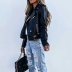 Red belted faux leather jacket for women with a stand collar