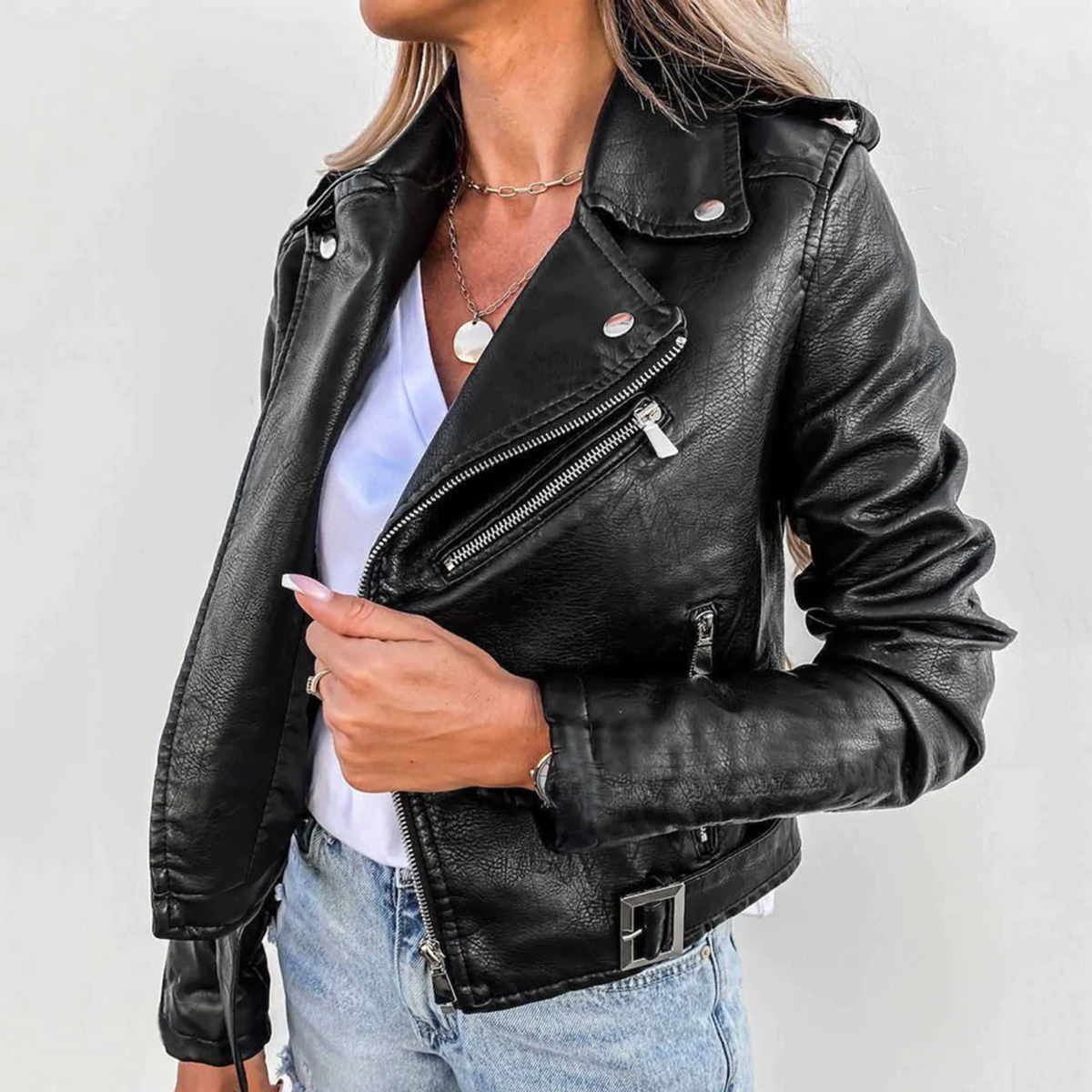 Red belted faux leather jacket for women with a stand collar