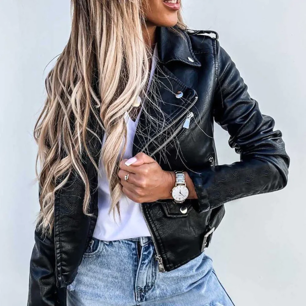 Red belted faux leather jacket for women with a stand collar
