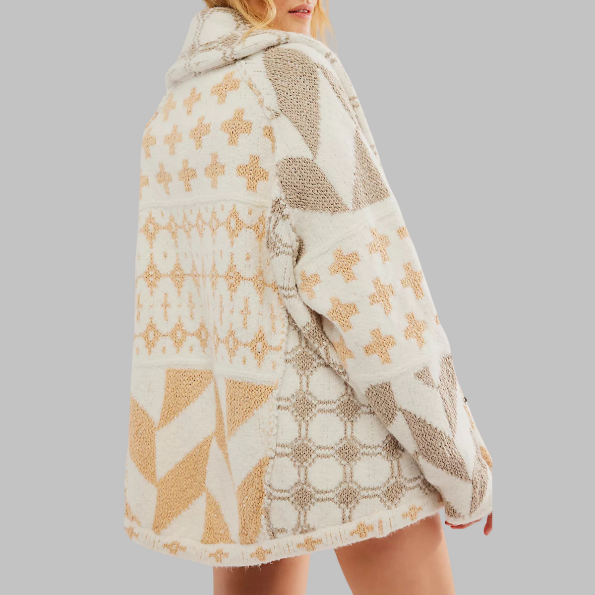 Women's Oversized One Size Boho Patchwork Print Open-Front Cardigan
