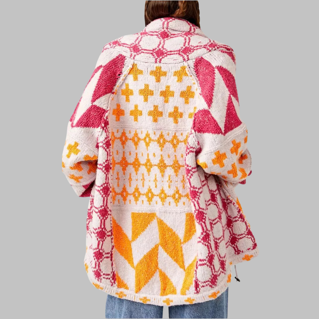 Women's Oversized One Size Boho Patchwork Print Open-Front Cardigan