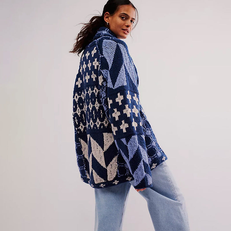 Women's Oversized One Size Boho Patchwork Print Open-Front Cardigan
