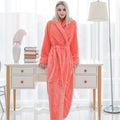 Women's orange fleece dressing gown with a soft shawl collar and tie belt