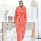 Women's orange fleece dressing gown with a soft shawl collar and tie belt