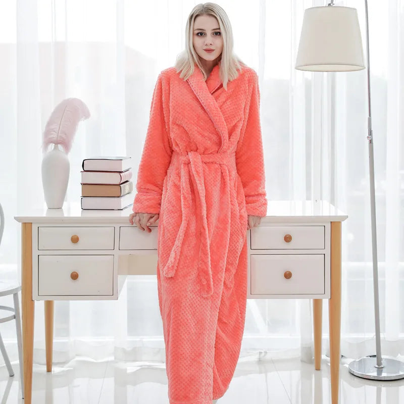 Women's orange fleece dressing gown with a soft shawl collar and tie belt