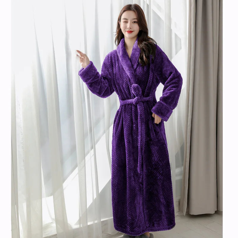 Women's orange fleece dressing gown with a soft shawl collar and tie belt