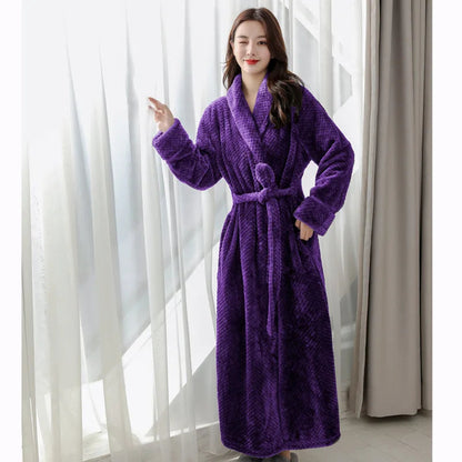 Women's orange fleece dressing gown with a soft shawl collar and tie belt
