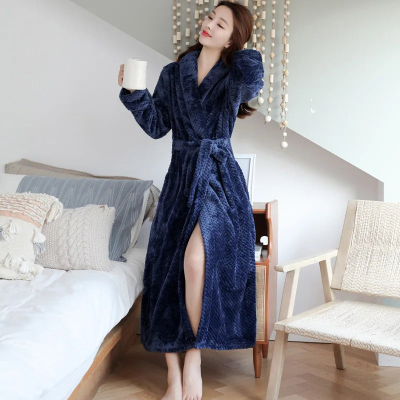 Women's purple fleece dressing gown with a soft shawl collar and tie belt