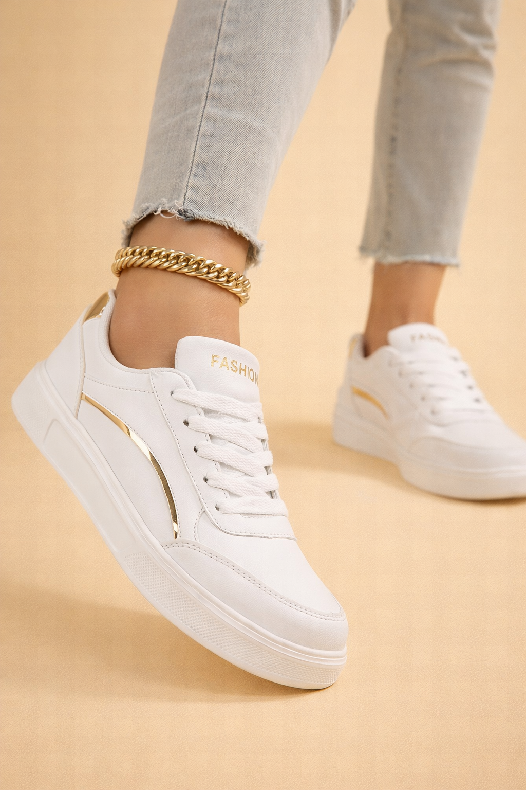 Women's white platform lace-up trainers with a chunky sole