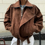 Brown oversized faux suede bomber jacket with ribbed cuffs