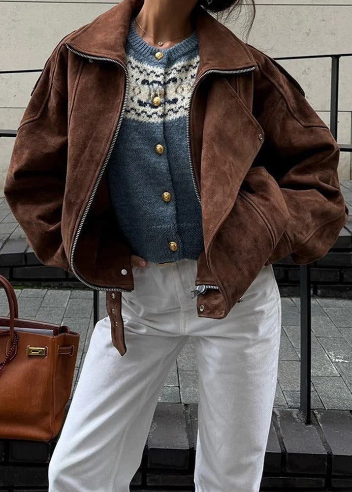 Brown oversized faux suede bomber jacket with ribbed cuffs