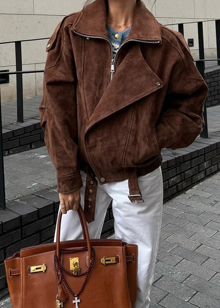 Brown oversized faux suede bomber jacket with ribbed cuffs
