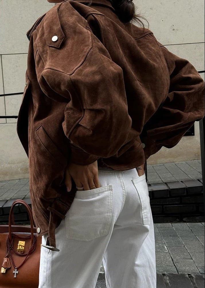 Brown oversized faux suede bomber jacket with ribbed cuffs