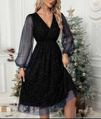 Women's black festive sparkle midi dress with puff sleeves and a V neckline