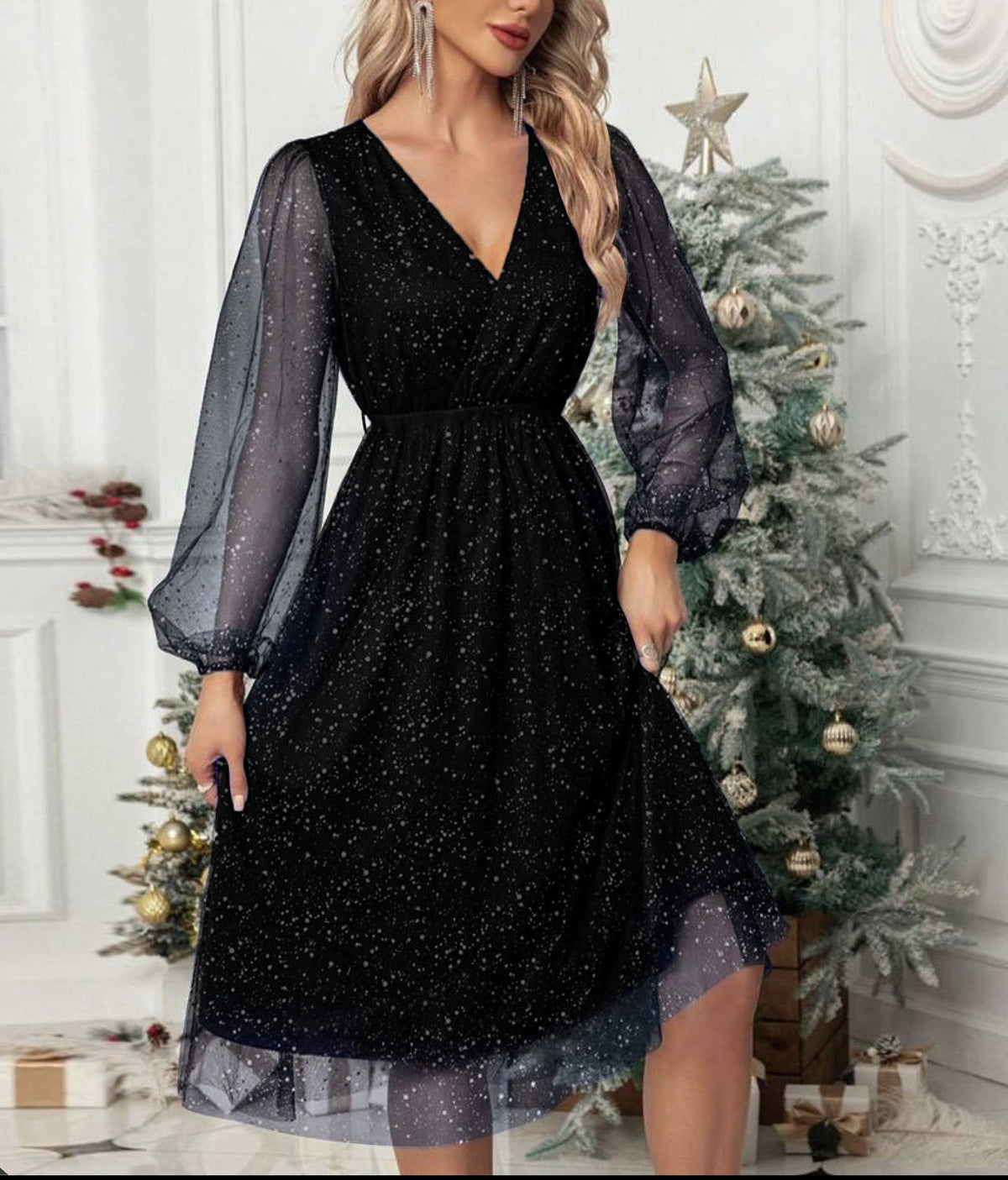 Women's black festive sparkle midi dress with puff sleeves and a V neckline