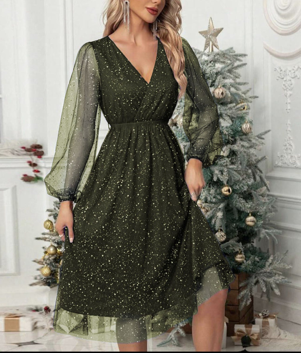 Women's olive green festive sparkle midi dress with puff sleeves and a V neckline