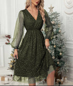 Women's olive green festive sparkle midi dress with puff sleeves and a V neckline