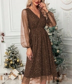 Women's brown festive sparkle midi dress with puff sleeves and a V neckline