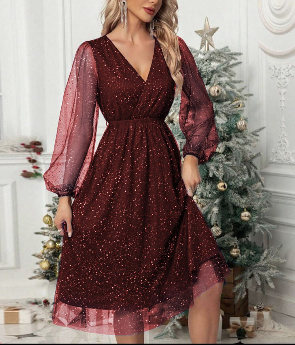 Women's burgundy festive sparkle midi dress with puff sleeves and a V neckline