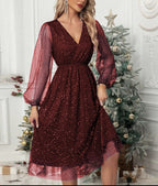 Women's burgundy festive sparkle midi dress with puff sleeves and a V neckline