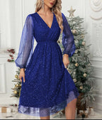 Women's blue festive sparkle midi dress with puff sleeves and a V neckline
