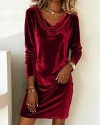 Women's burgundy velvet mini dress with a cowl neck and long sleeves