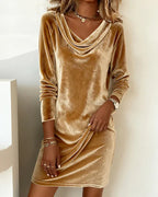 Women's velvet mini dress with a cowl neck and long sleeves, front view