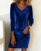 Women's blue velvet mini dress with a cowl neck and long sleeves