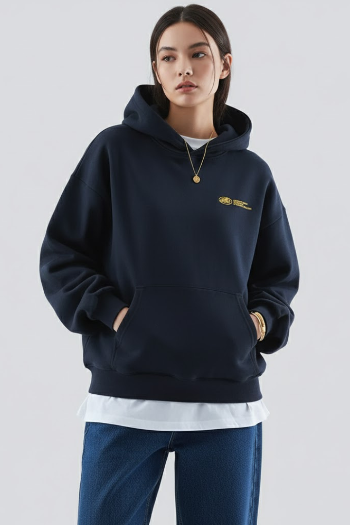 Women's Dark Black Oversized Pullover Hoodie With Graphic Front Print