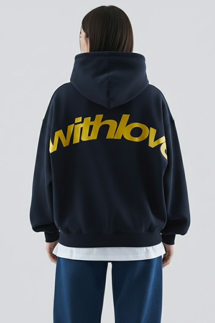 Women's Dark Black Oversized Pullover Hoodie With Graphic Front Print